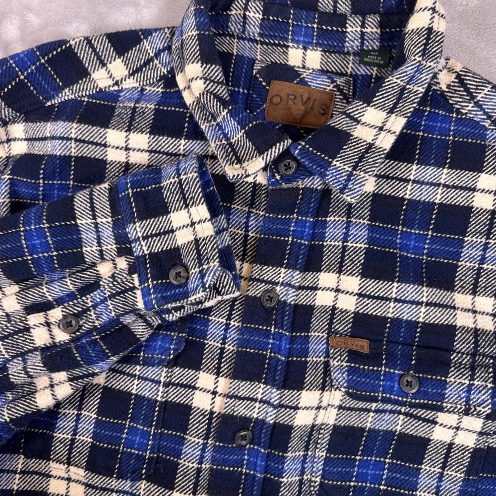 Orvis Plaid Flannel Heavyweight Shirt Mens XLT Blue Cotton Tall Button Down